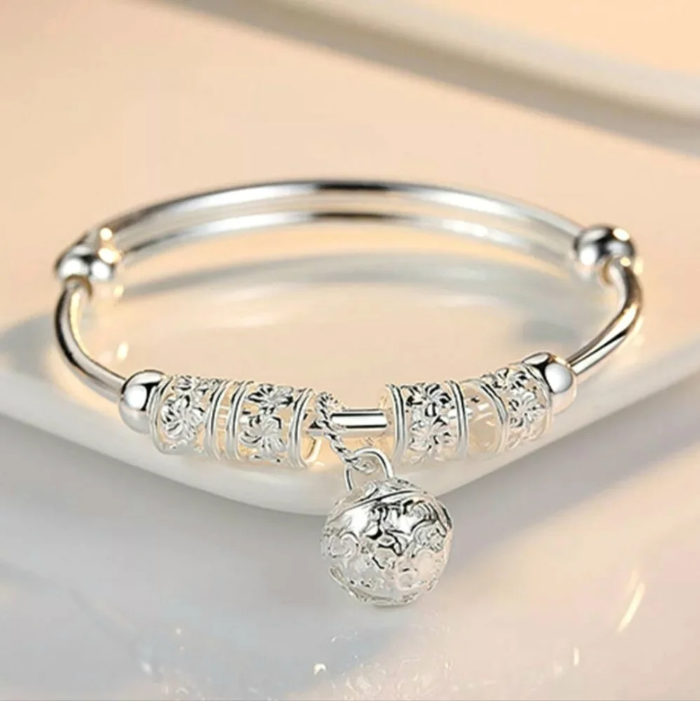 Silver Bell Beaded Elegant Dainty Adjustable Bangle Bracelet Jingle Bells Ball